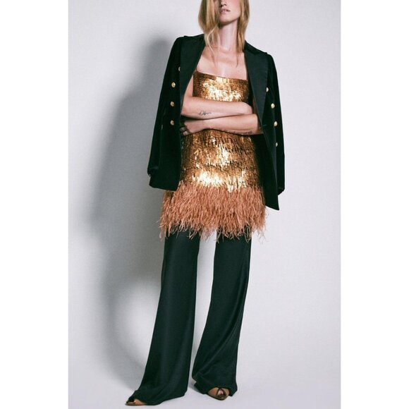 NWT Johanna Ortiz Chemical Attraction Metallic Feather Trim Minidress Gold Sz 10 - Picture 10 of 15